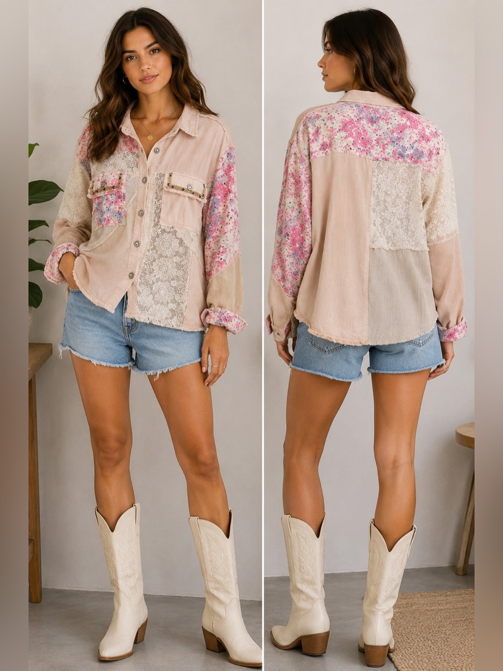 POL Pink Patchwork Lace Button-Front Jacket - Picture 1 of 8